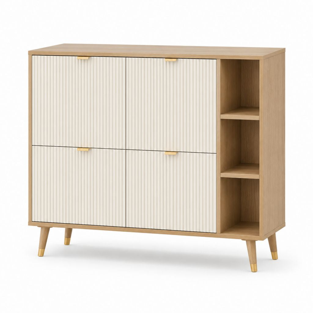 Credenza da sala da pranzo rettangolare rovere chiaro e bianco in MDF 120 x 40 x 100 cm con 4 ante e 3 vani a giorno