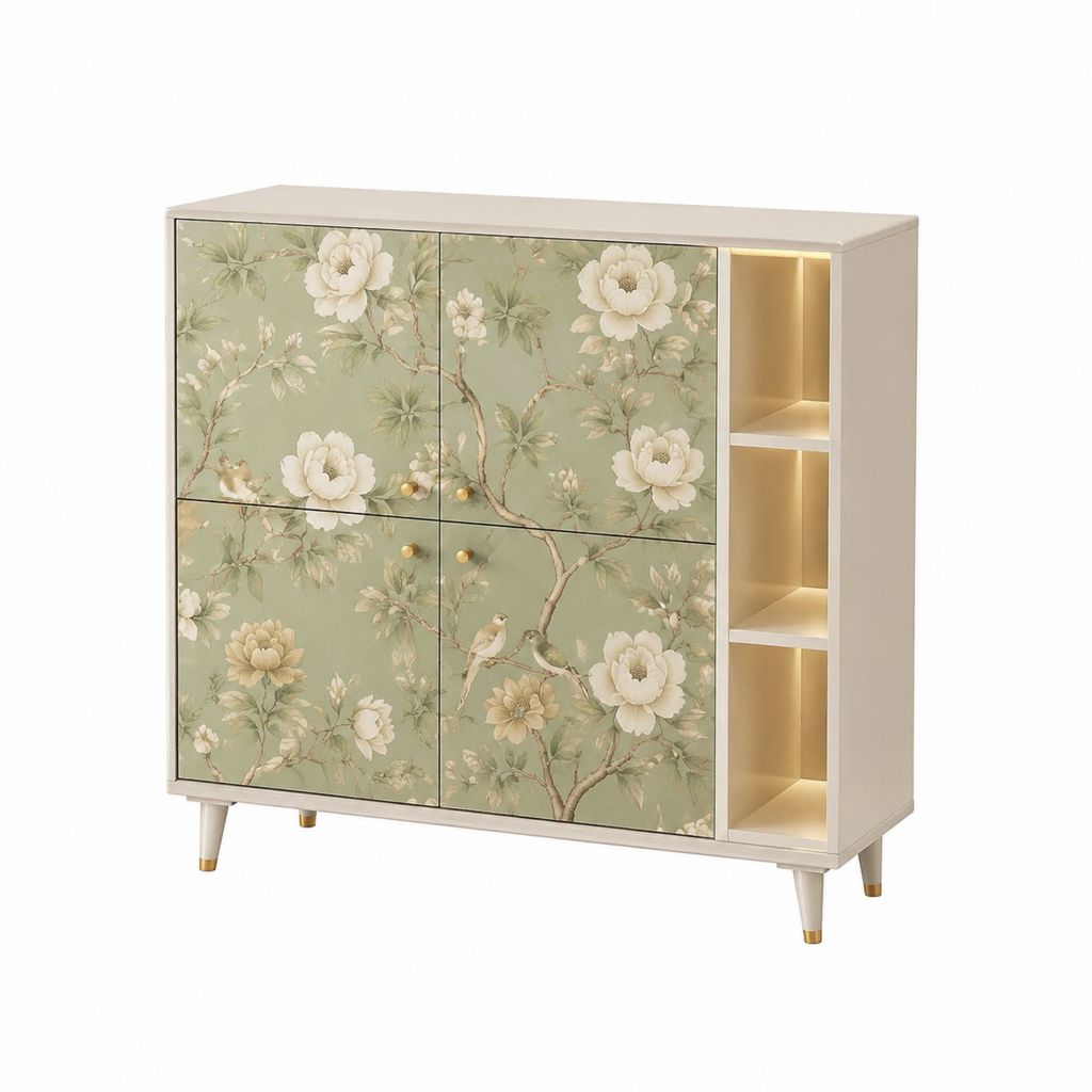Credenza rettangolare con 4 ante e ripiani laterali verde salvia e avorio in MDF 120 x 40 x 100 cm