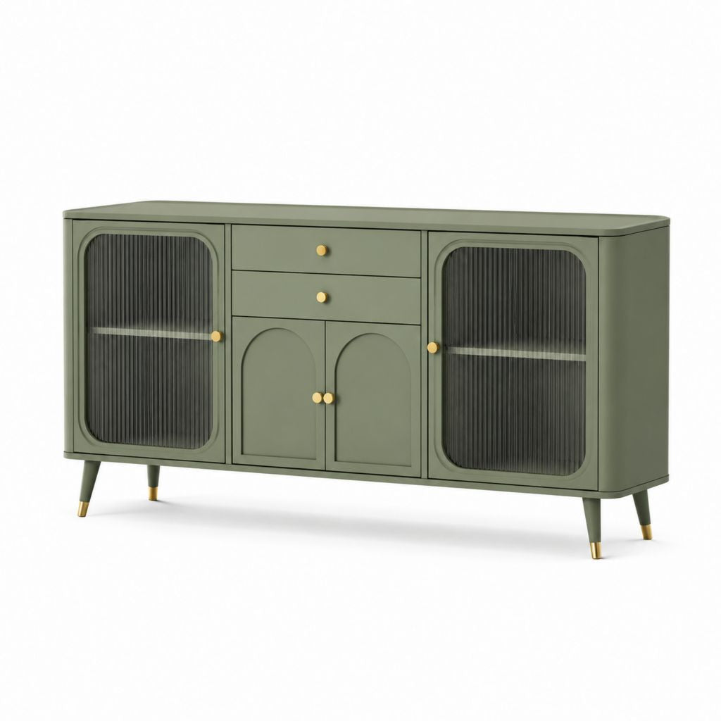 Credenza da sala da pranzo rettangolare verde salvia in MDF e vetro temprato 160 x 40 x 85 cm