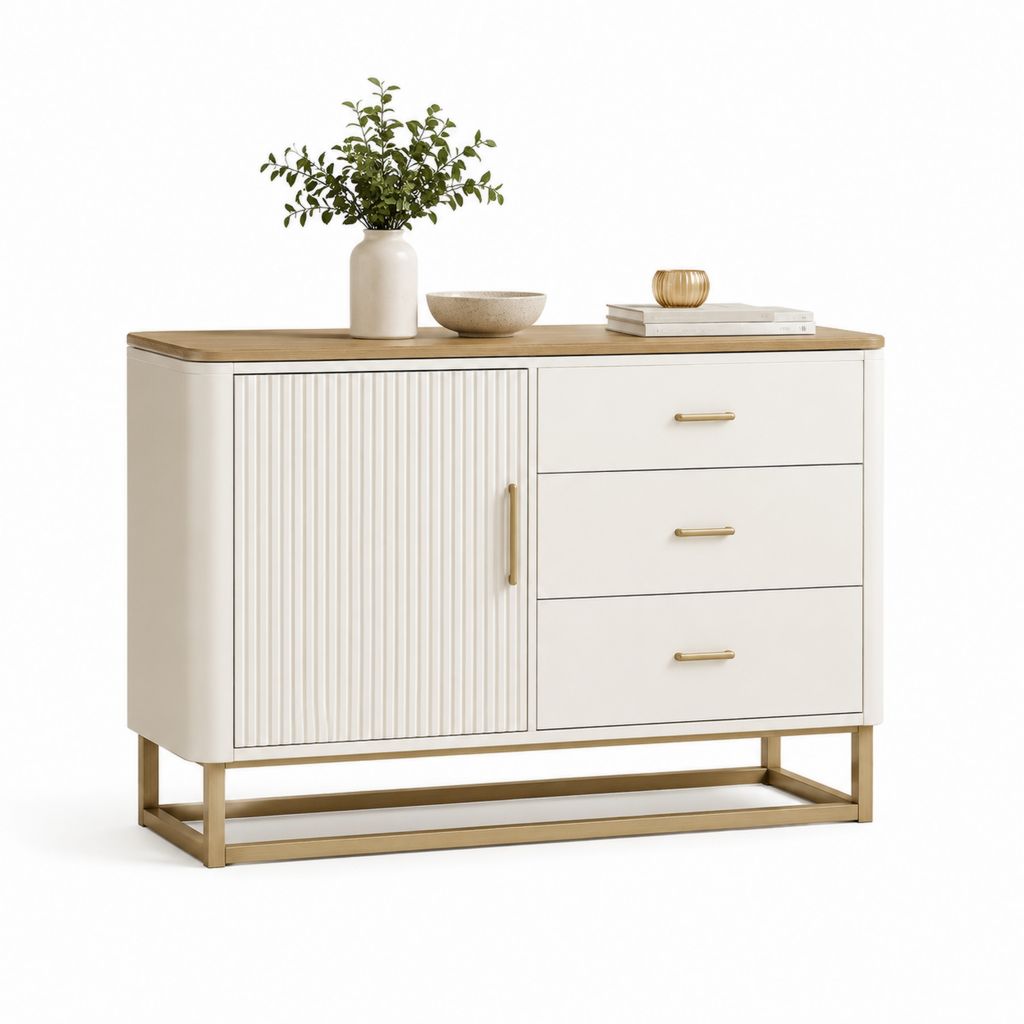 Credenza da sala da pranzo avorio in MDF con piano effetto rovere 120 x 40 x 85 cm