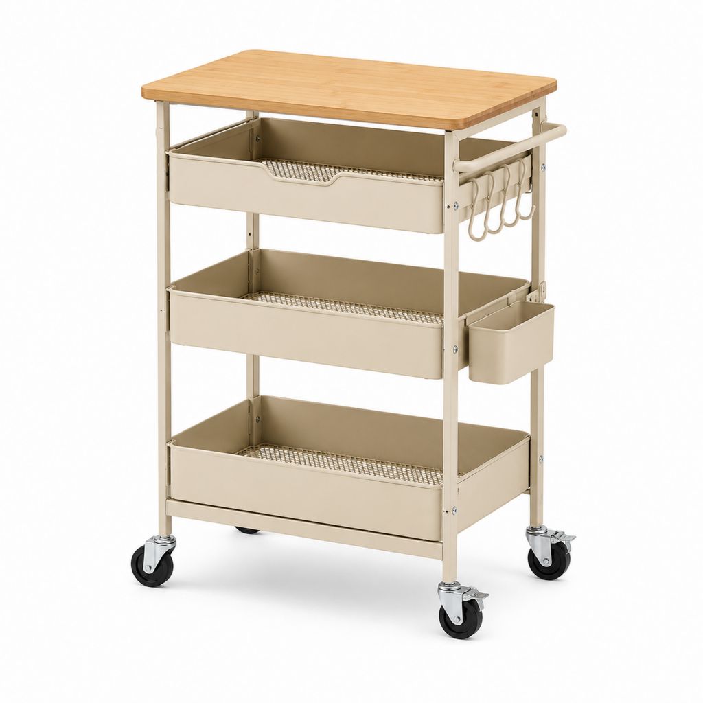 Carrello cucina con ruote beige in acciaio e bambù 60 x 40 x 86 cm