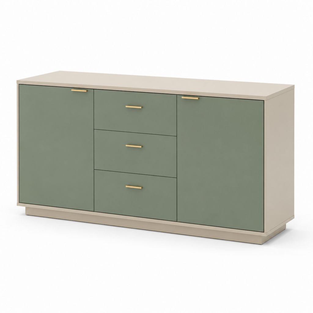 Credenza da sala da pranzo verde salvia e beige in MDF rettangolare con 2 ante e 3 cassetti 160 x 40 x 85 cm