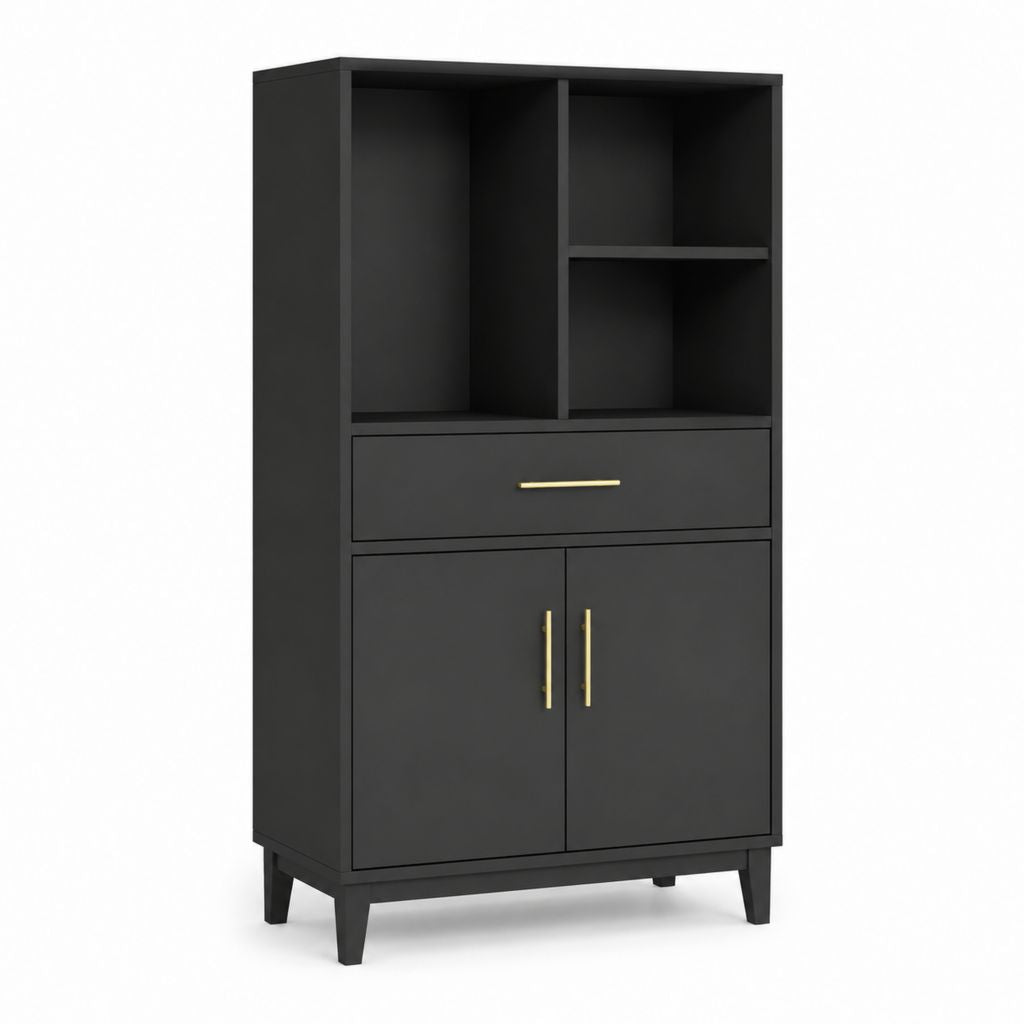 Credenza alta nera in MDF con ripiani e ante 80 x 40 x 180 cm