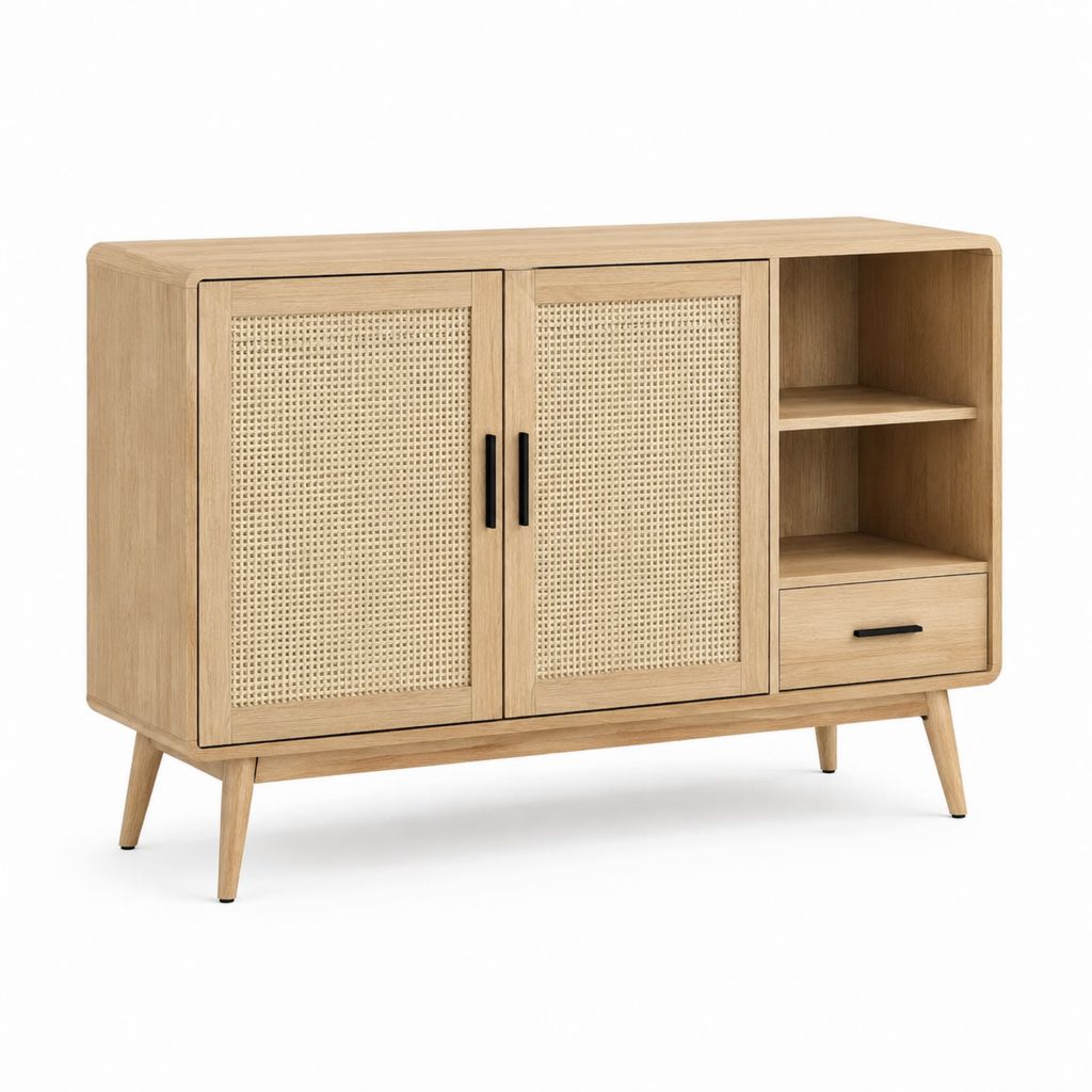 Credenza da sala da pranzo rovere chiaro con ante in rattan 120 x 40 x 80 cm