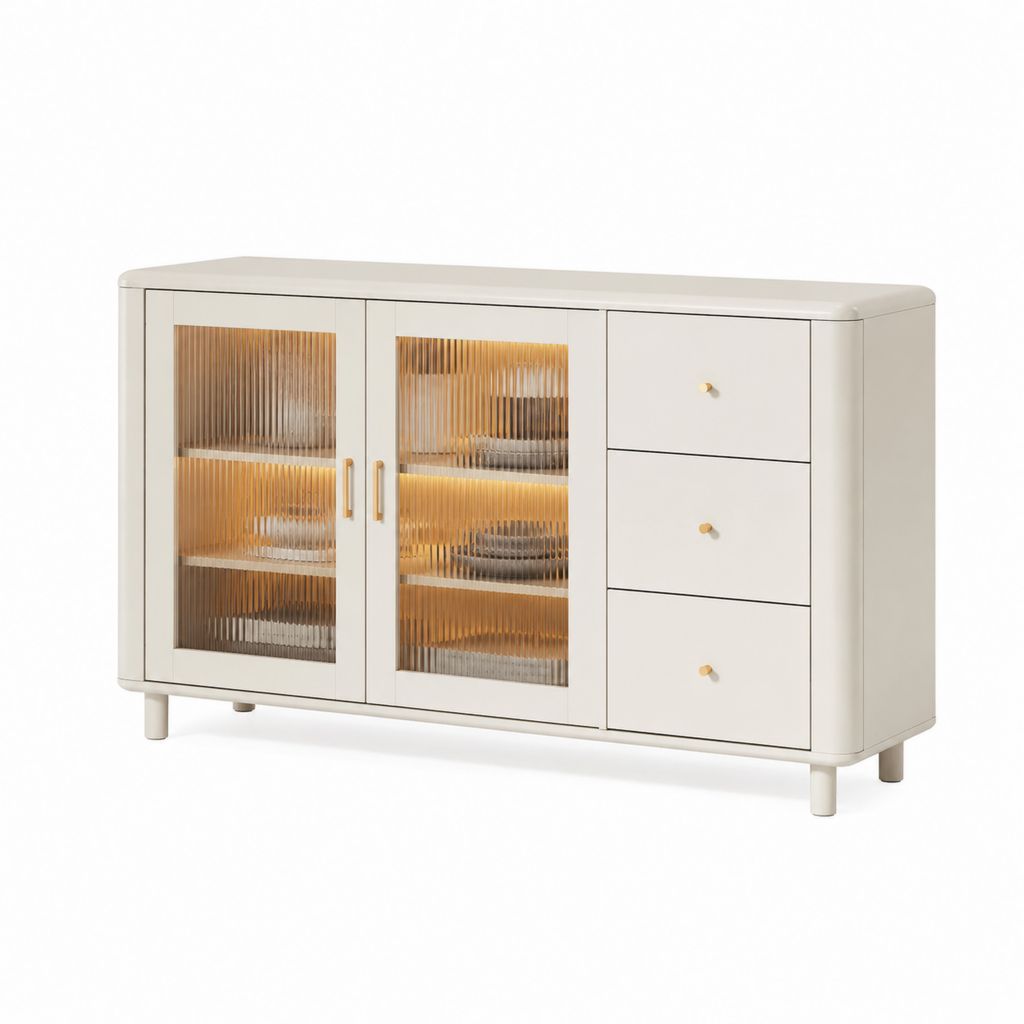 Credenza 2 ante 3 cassetti avorio in MDF e vetro scanalato 140 x 40 x 85 cm