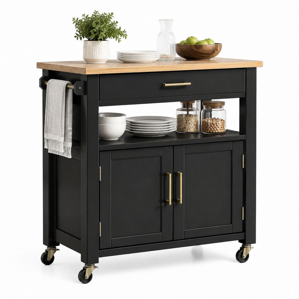 Carrello da cucina con ruote nero e rovere 110 x 50 x 90 cm con cassetto ripiano e armadietto