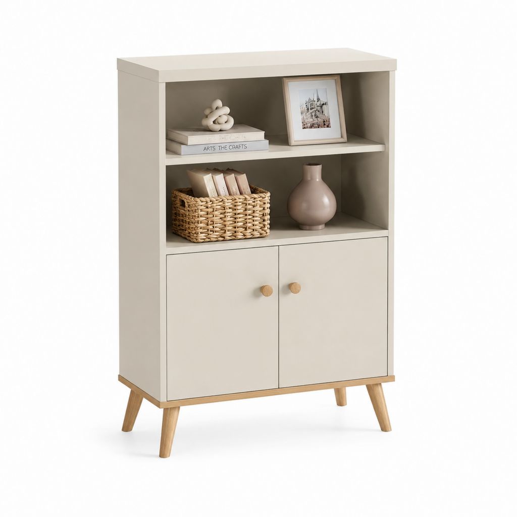 Credenza da sala da pranzo rettangolare beige in MDF e legno massello con 2 ante e 2 vani a giorno 80 x 40 x 120 cm
