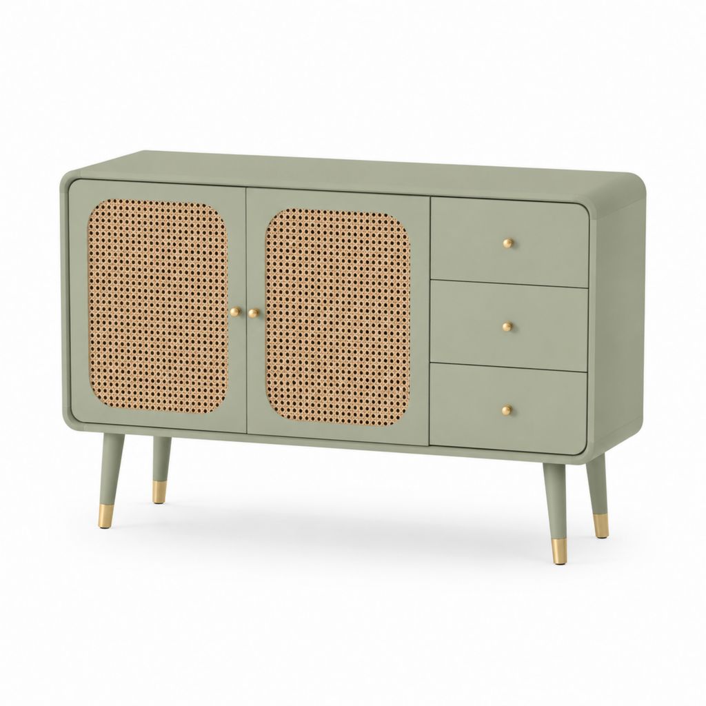 Credenza 2 ante 3 cassetti verde salvia in MDF e rattan 120 x 40 x 75 cm