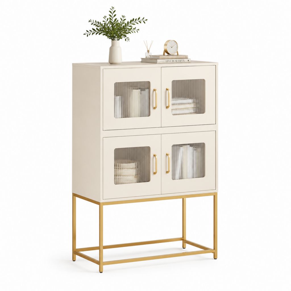 Credenza da sala da pranzo beige con 4 ante in vetro rigato e struttura in acciaio 80 x 40 x 120 cm
