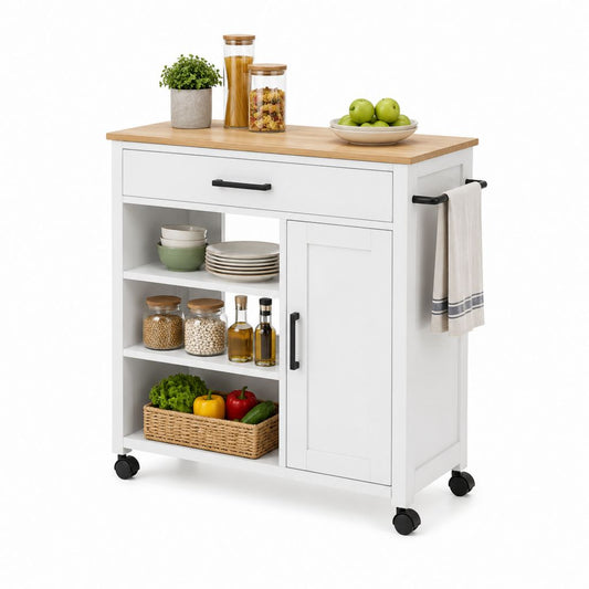 Carrello da cucina con ruote bianco in MDF e bambù rettangolare 100 x 50 x 90 cm