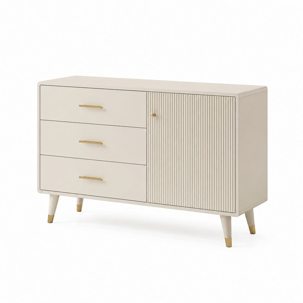 Credenza da sala da pranzo avorio in MDF 120 x 40 x 80 cm con 3 cassetti e anta scanalata