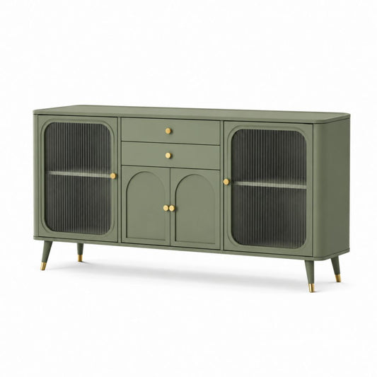 Credenza da sala da pranzo rettangolare verde salvia in MDF e vetro temprato 160 x 40 x 85 cm