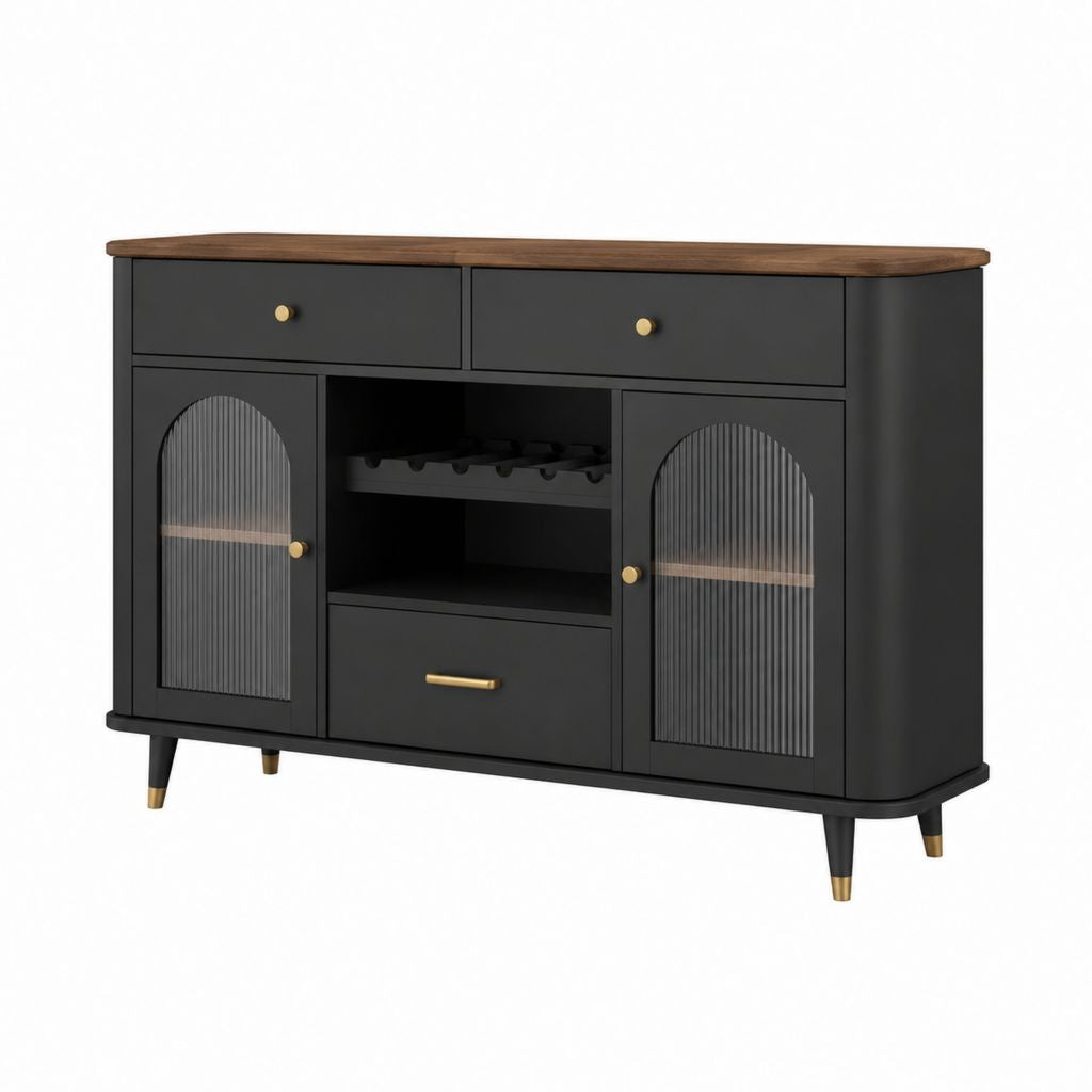 Credenza con portabottiglie nera in MDF e vetro scanalato 140 x 40 x 90 cm