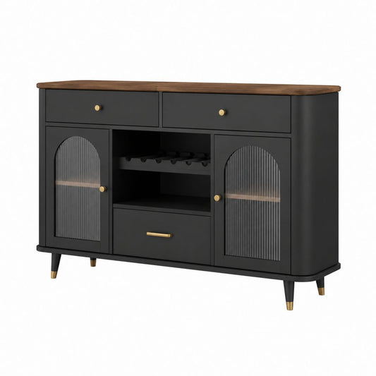 Credenza con portabottiglie nera in MDF e vetro scanalato 140 x 40 x 90 cm