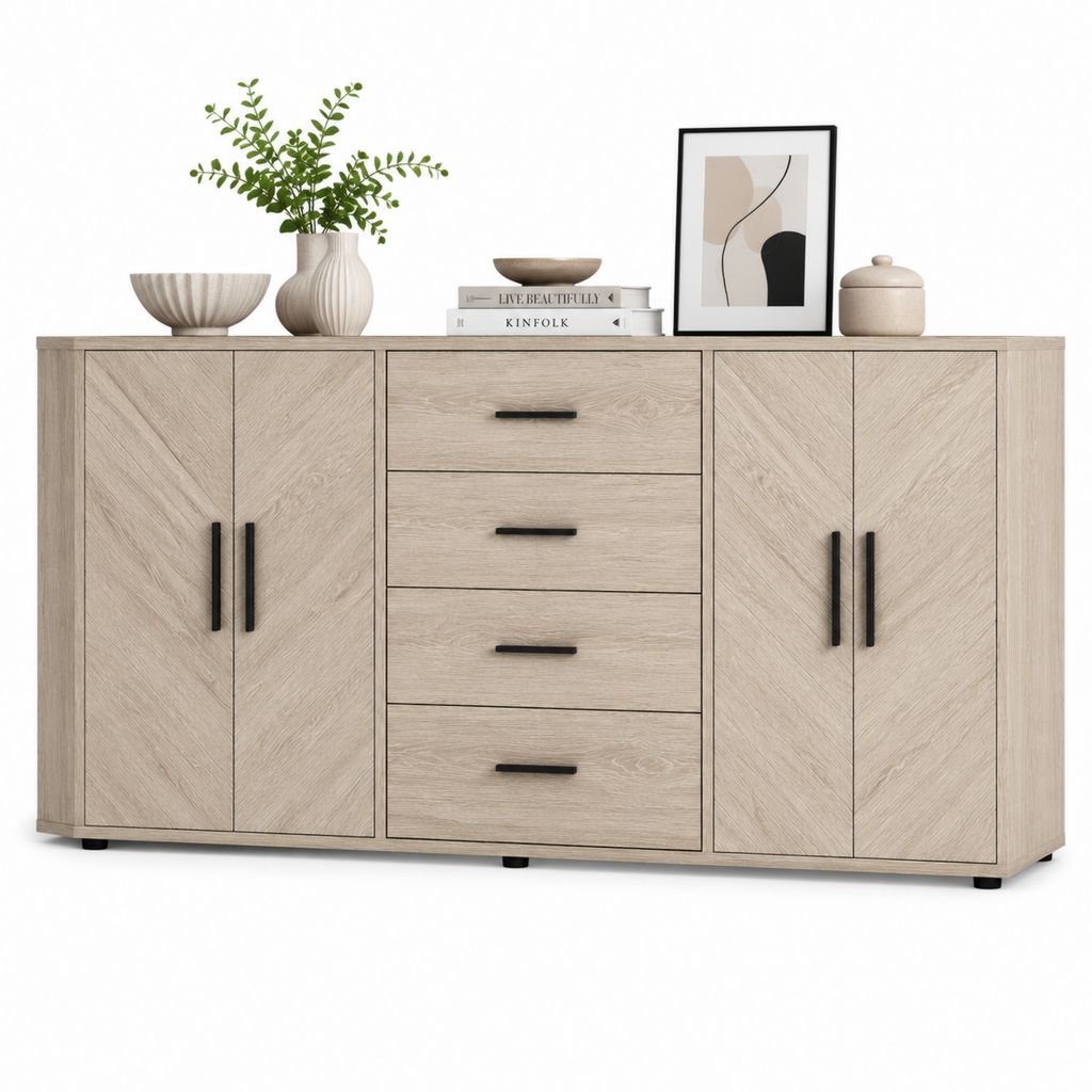 Credenza da sala da pranzo rovere chiaro in truciolare nobilitato con 4 ante e 4 cassetti 160 x 40 x 85 cm