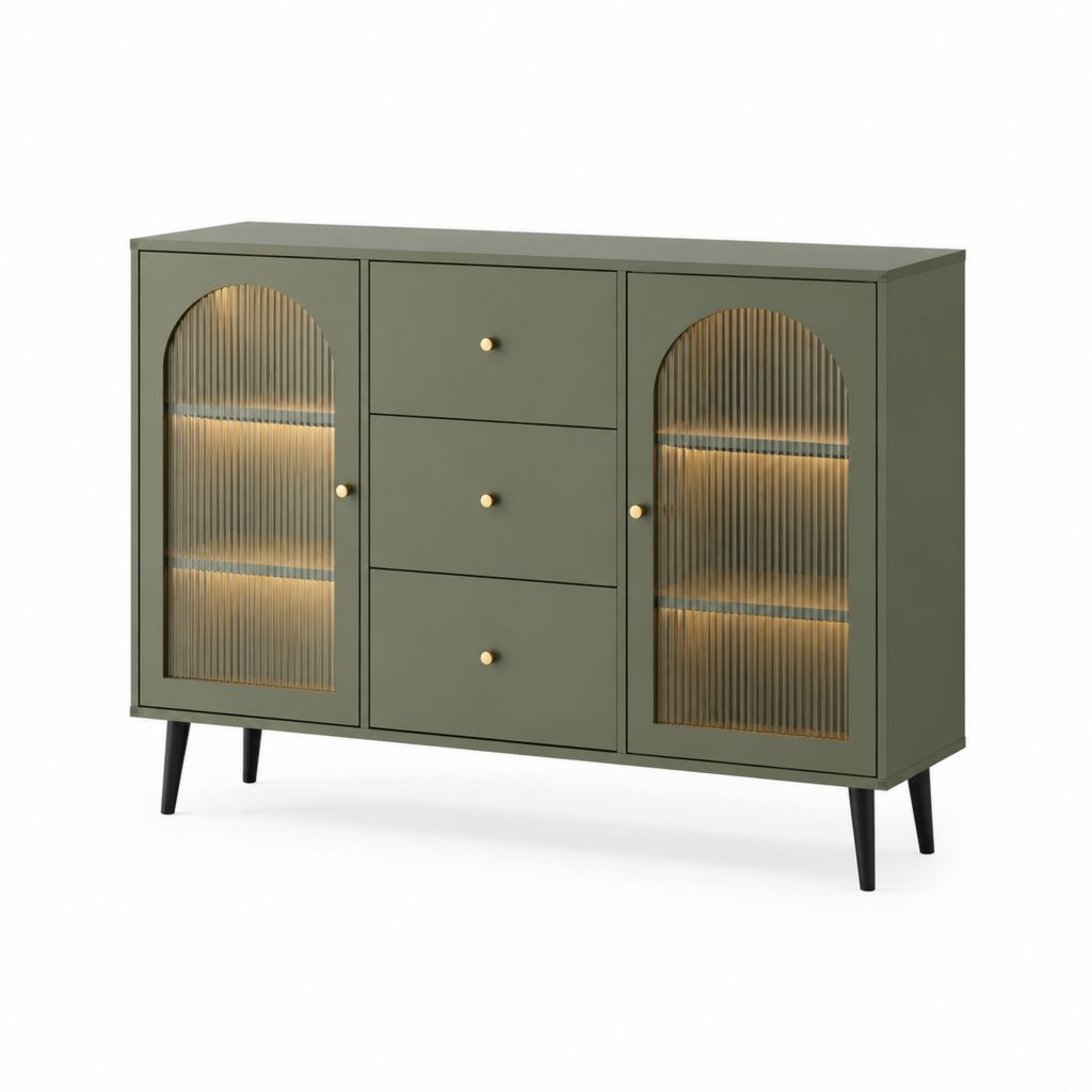 Credenza da sala da pranzo verde oliva in MDF con 2 ante in vetro scanalato e 3 cassetti 120 x 40 x 85 cm