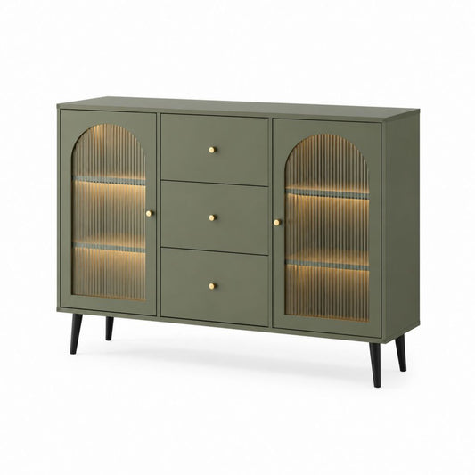 Credenza da sala da pranzo verde oliva in MDF con 2 ante in vetro scanalato e 3 cassetti 120 x 40 x 85 cm