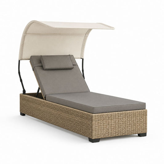 Lettino prendisole da giardino reclinabile beige e grigio in rattan PE con tettuccio 200 x 70 x 195 cm