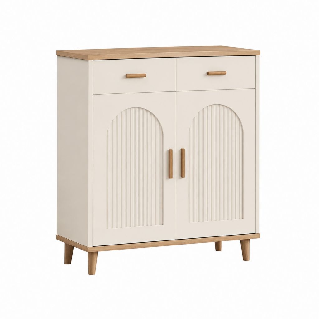 Credenza da sala da pranzo a 2 ante e 2 cassetti beige in MDF con gambe in legno massello 100 x 40 x 110 cm