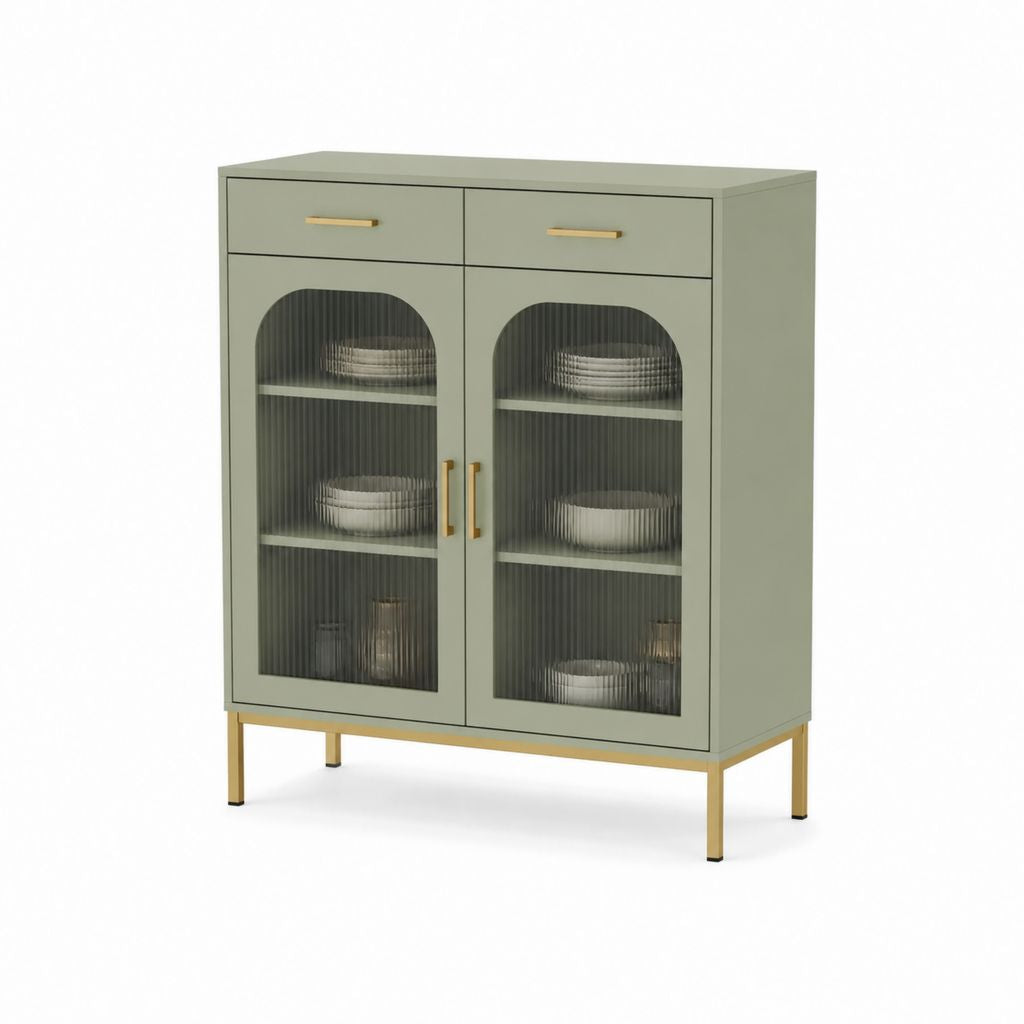 Credenza da sala da pranzo verde salvia in MDF e vetro scanalato 90 x 40 x 110 cm