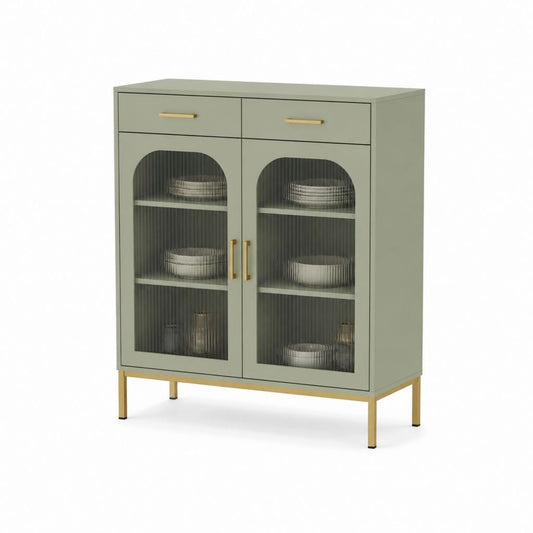 Credenza da sala da pranzo verde salvia in MDF e vetro scanalato 90 x 40 x 110 cm