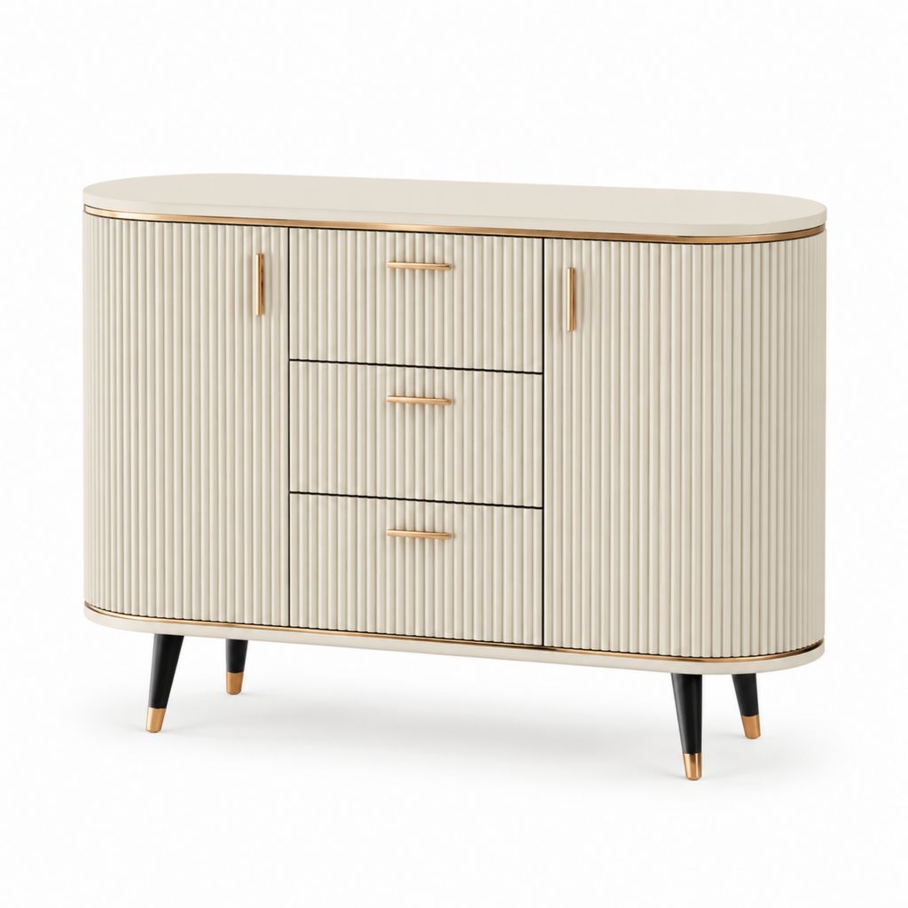 Credenza da pranzo 2 ante 3 cassetti avorio in MDF scanalato 120 x 40 x 80 cm