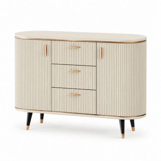 Credenza da pranzo 2 ante 3 cassetti avorio in MDF scanalato 120 x 40 x 80 cm