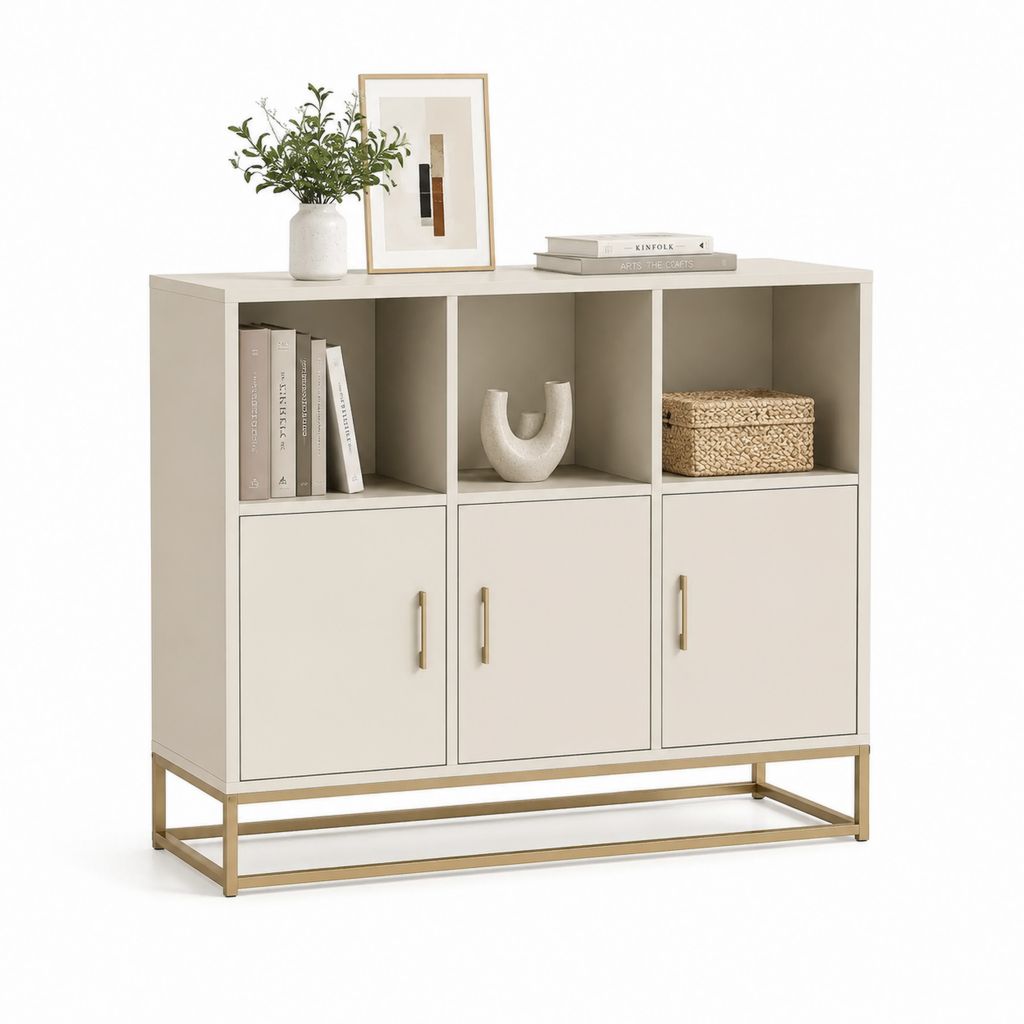 Credenza con 3 ante e 3 vani a giorno beige in MDF e acciaio 120 x 40 x 100 cm