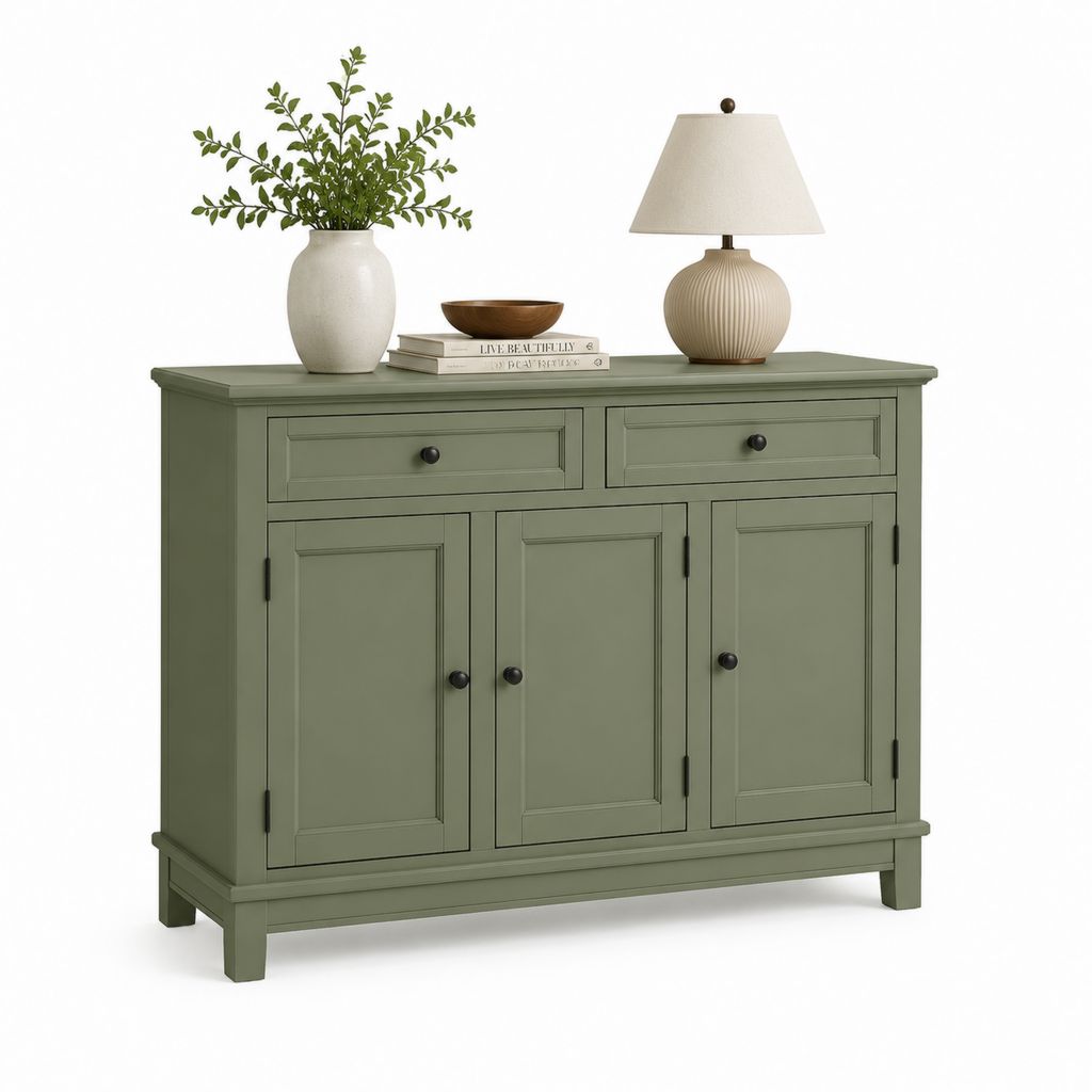 Credenza da sala da pranzo verde salvia in MDF con 3 ante e 2 cassetti 120 x 40 x 90 cm