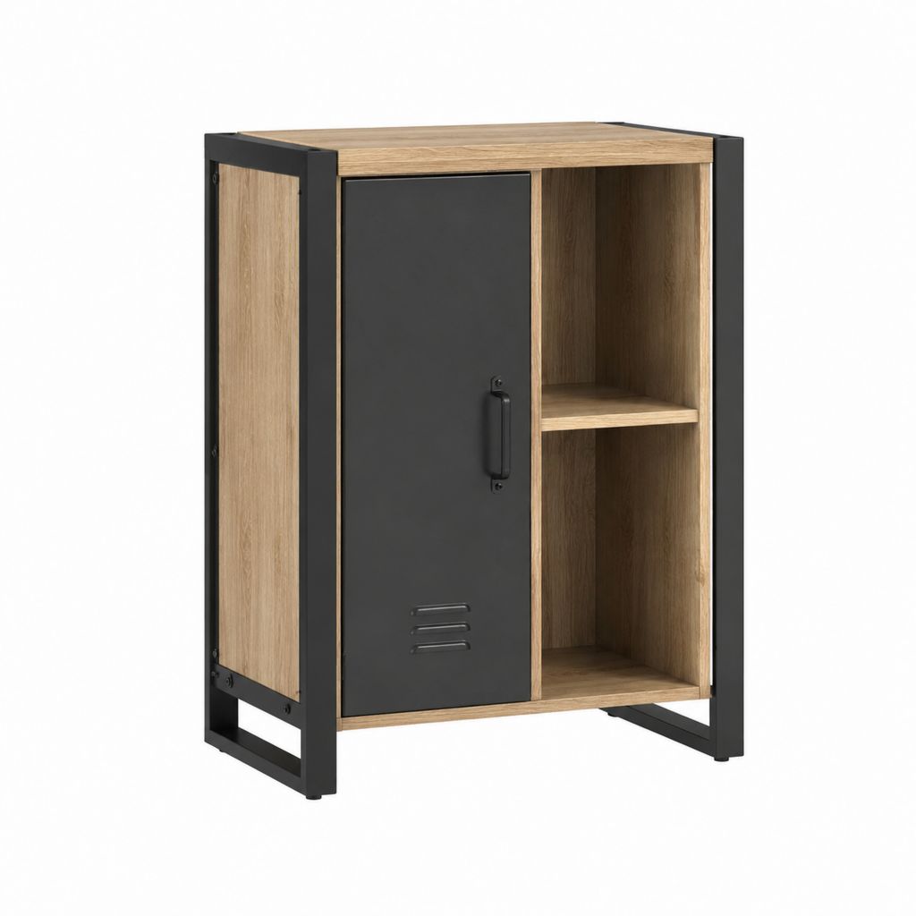 Credenza alta con anta e ripiani rovere nero in pannello truciolare e acciaio 80 x 40 x 120 cm