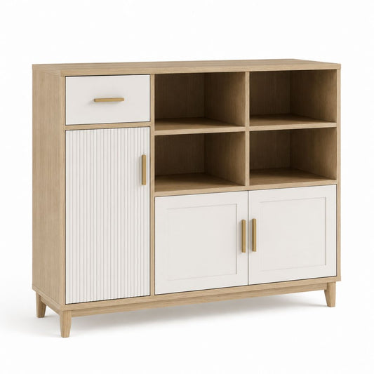 Credenza da sala da pranzo 3 ante 1 cassetto con vani a giorno bianco e rovere in pannello truciolare nobilitato 120 x 120 x 40 cm