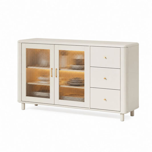 Credenza 2 ante 3 cassetti avorio in MDF e vetro scanalato 140 x 40 x 85 cm